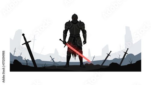 Shadow Sentinel: A lone, imposing warrior silhouette stands amidst the desolate landscape of a fallen battlefield, a testament to valor and resilience in a scene of stark drama. 