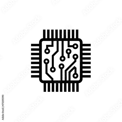 A black and white icon representing a microchip or processor with visible circuit board pathways and multiple pins.