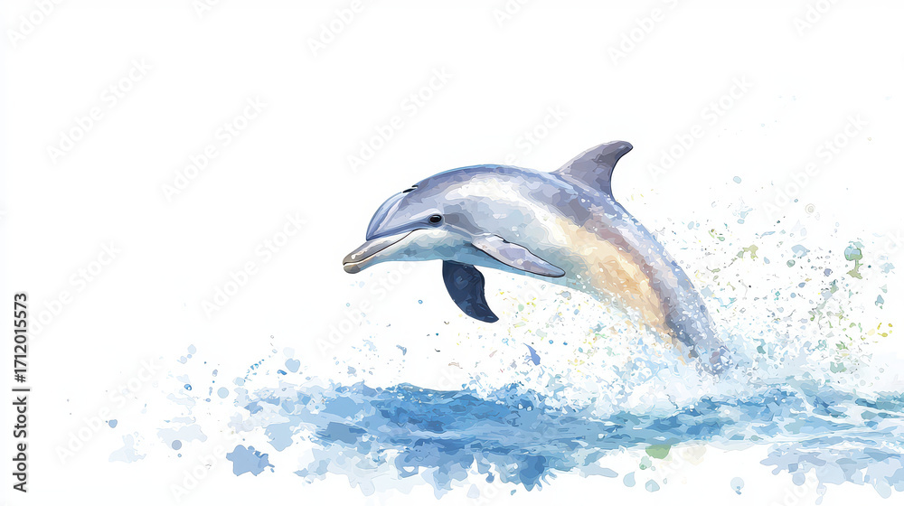 Obraz premium Vibrant watercolor portrait of dolphin leaping gracefully above ocean waves, showcasing its playful nature and beauty