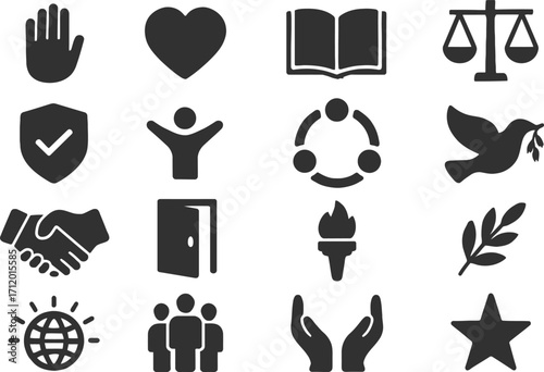 A minimal and modern set of 16 solid color flat icons representing human dignity.
