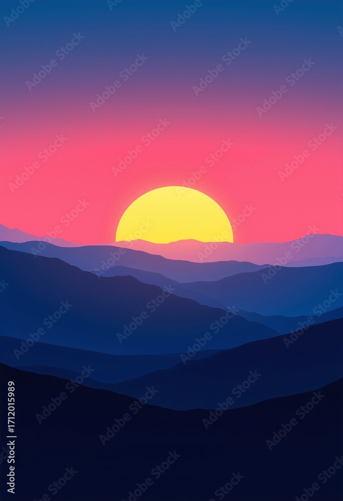 Obraz premium Minimalist Layered Hills Silhouette at Sunset with Vibrant Pink and Blue Hues