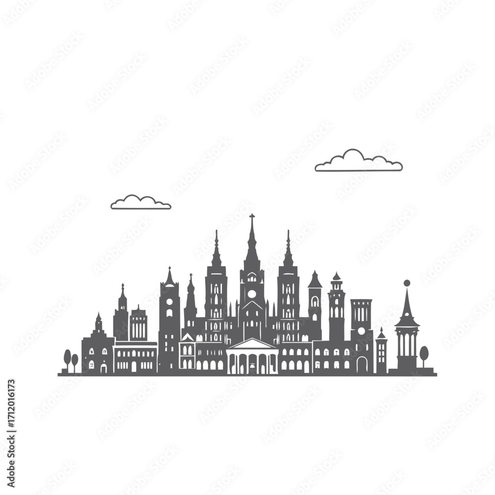 Obraz premium Vector silhouette icons of famous European cities and their landmarks, including London's Tower Bridge, Paris's Eiffel Tower, and Moscow's Saint Basil's Cathedral