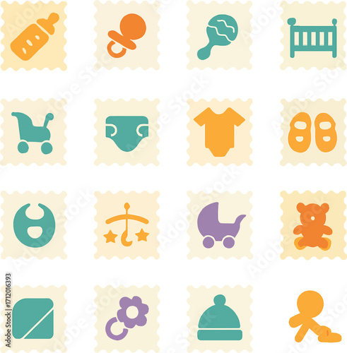parent & child symbols in postage stamp style. Each icon framed with a smooth stamp border. Featuring objects and symbolic items such as cradle, baby bottle, stroller, rocking chair, toy blocks, teddy