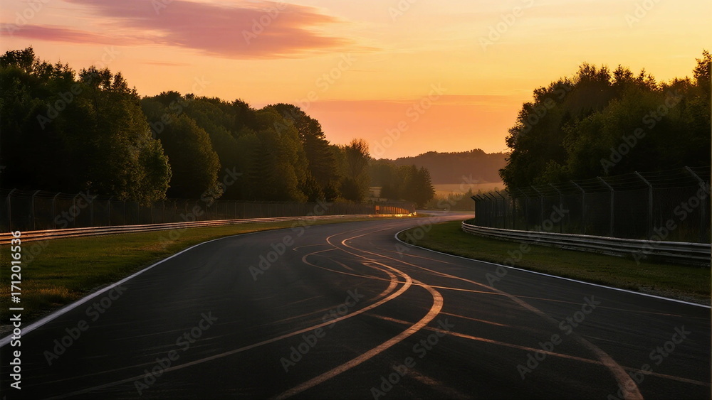 Fototapeta premium Sunset view of a winding race track surrounded by trees