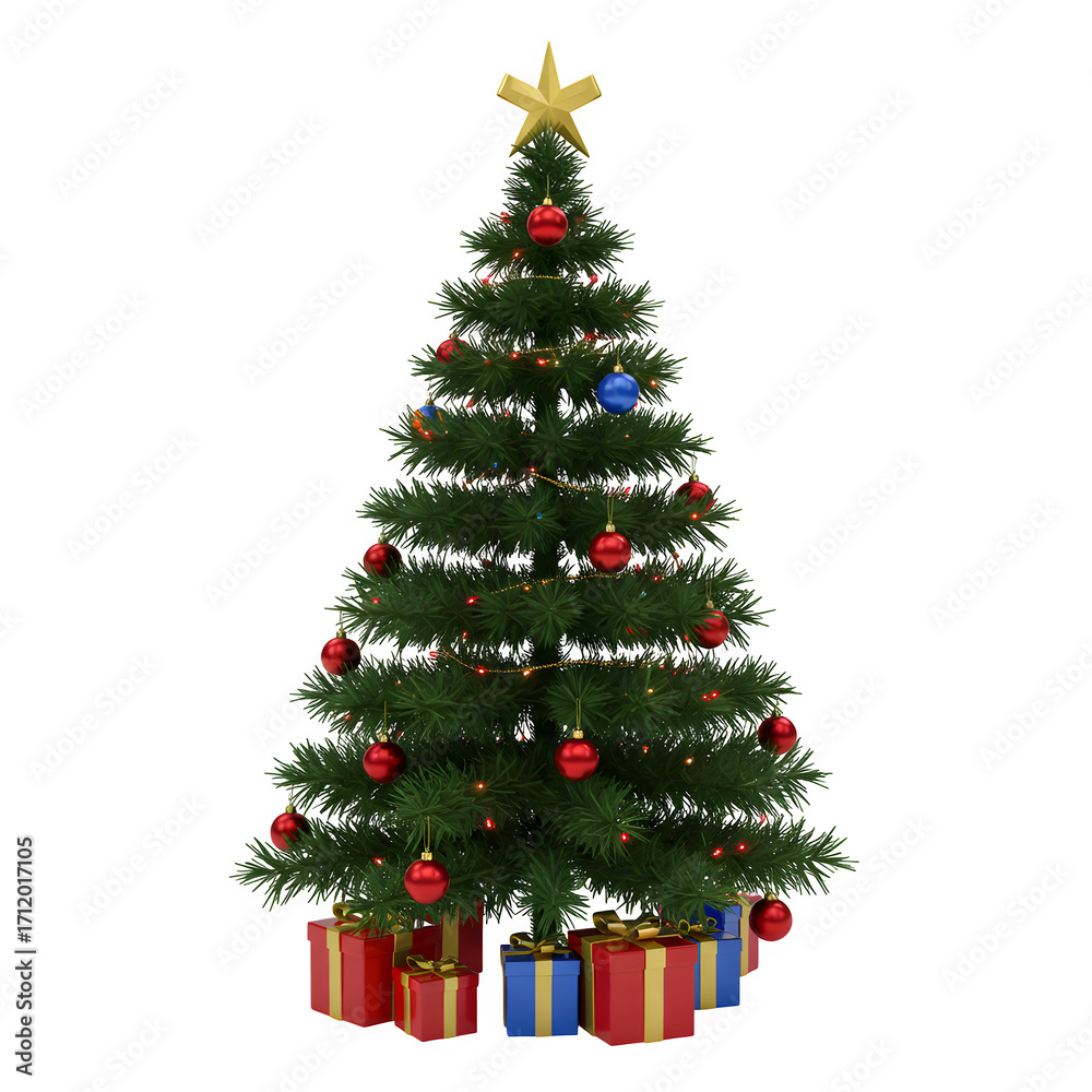 Fototapeta premium Decorated Christmas Tree with Gifts, isolated on transparent background