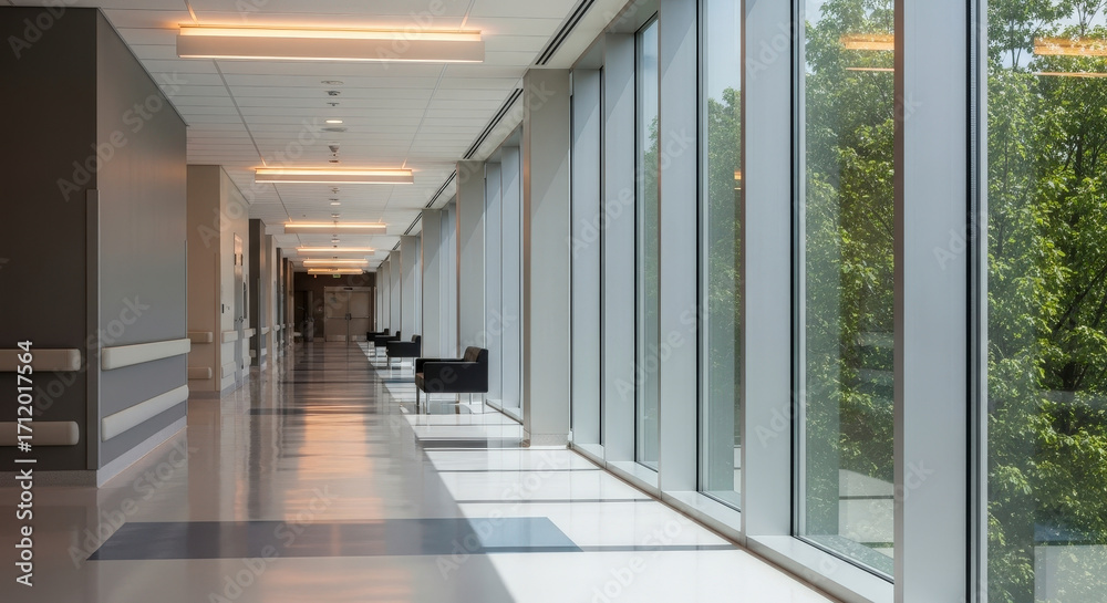 Obraz premium Bright Hospital Hallway with Floor to Ceiling Windows Reflecting Light and Trees in Gray and White Modern Building