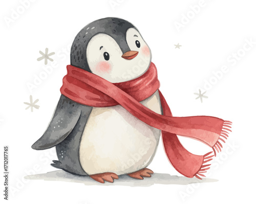 Watercolor Penguin with Scarf Christmas vector illustration isolated on white background