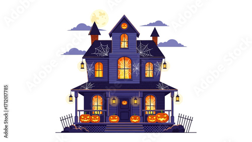 Halloween Haunted House: A whimsical digital illustration depicting a classic haunted house, perfect for evoking the spooky spirit of Halloween. Adorned with pumpkins, cobwebs, and glowing lanterns.
