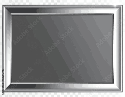 Modern metallic silver rectangular frame with a sleek, reflective surface and a blank, dark gray inner space, perfect for showcasing content, photos, or text in a modern design