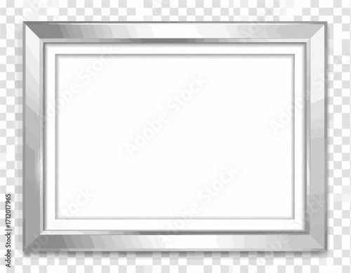 Elegant rectangular silver photo frame with a blank matted center, a realistic metallic border isolated on a transparent background for mockup designs