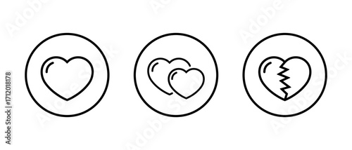 Heart, love icon set in circular outline. Relationship, romance, and heartbreak symbol