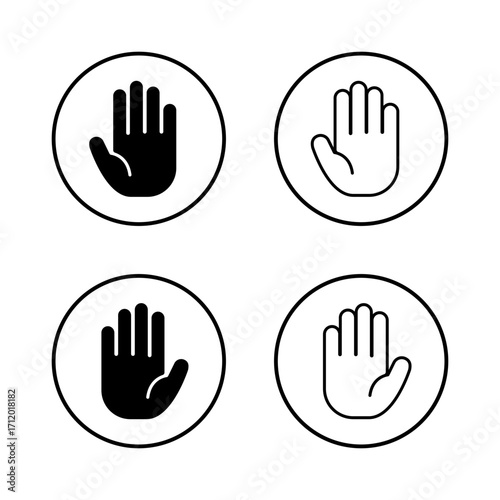 Palm hand icon set in circular outline. Stop and attention gesture symbol