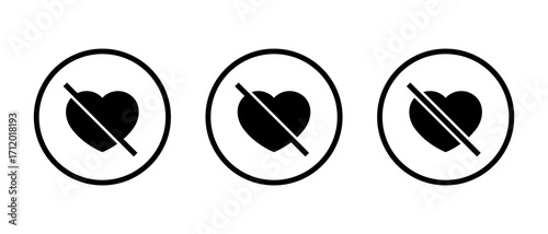 No love heart icon set in circular outline. Broken relationship and romance prohibition symbol