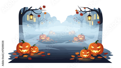 Spooky Halloween Pumpkin Scene: Eerie Jack-o'-lanterns glow amidst a mysterious, foggy landscape, evoking the spirit of All Hallows' Eve.
