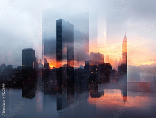Skyline view of New York City at sunset with reflections and clouds creating a dreamlike atmosphere over the buildings