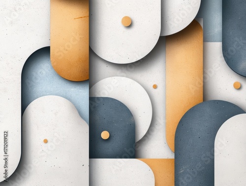Colorful geometric shapes create an abstract design in muted tones with smooth textures and dynamic lines