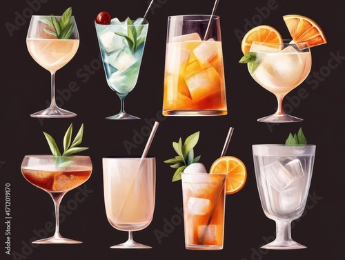 Colorful assortment of refreshing cocktails with garnishes on a dark background for summer vibes