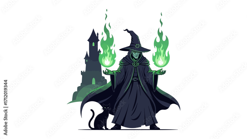 Fototapeta premium Sorceress Unleashing Mystical Power: A mysterious sorceress with a pointed hat casts a spell, summoning magical green flames in a mystical, spellbinding scene.