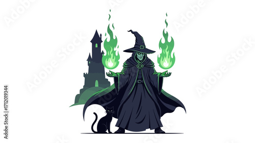 Sorceress Unleashing Mystical Power: A mysterious sorceress with a pointed hat casts a spell, summoning magical green flames in a mystical, spellbinding scene.