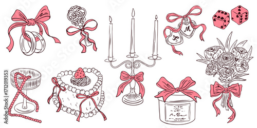 Hand drawn chalk wedding elements. Vintage coquette bow, cake, candle, rings, gift, cocktail, bouquet drawings for wedding invitations, cafe menus and parties. La dolce vita italian sketch style.