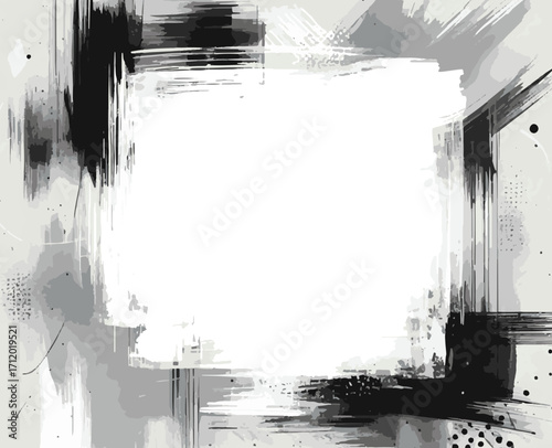  Minimalistic black and white brushstroke composition displaying abstract textured art with splashes and dots. Features a central blank area surrounded by dynamic brushwork