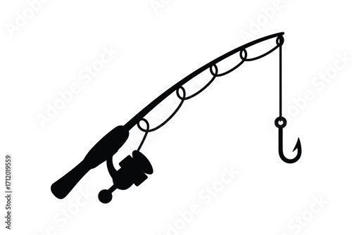 Simple silhouette of a fishing rod with reel and hook