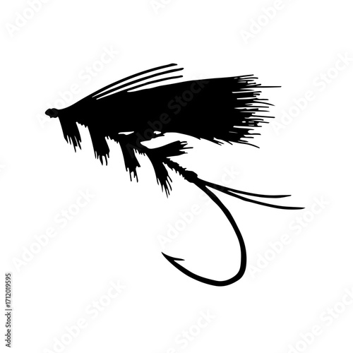 A detailed black silhouette illustration of a classic fly fishing lure, depicting the intricate feather design and sharp hook for angling