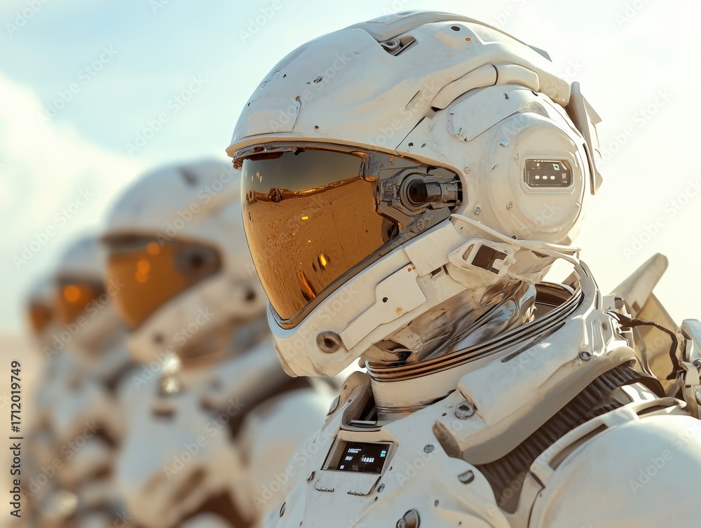 Fototapeta premium Exploration team in futuristic space suits preparing for mission on alien planet's surface