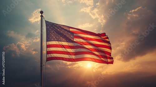 American flag waving gently in the sky with soft, warm light rays radiating outward, symbolizing unity, respect, and national values, dramatic yet peaceful cinematic style