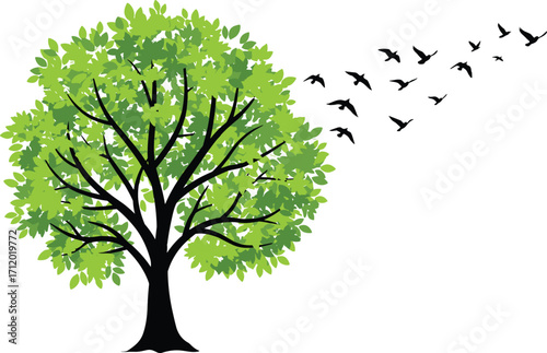 Tree silhouette with green leaves, flying birds, nature freedom concept, wildlife migration, environmental growth, transformation, minimalist art, peaceful landscape illustration, eco