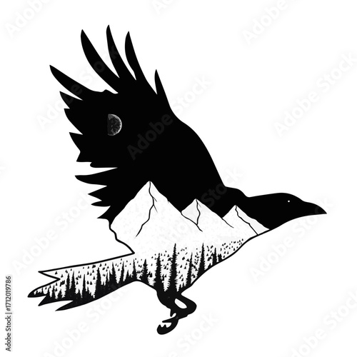 Mystical double exposure illustration of a flying raven silhouette, artistically blending a serene mountain landscape and a crescent moonlit night sky