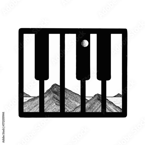 Artistic monochrome illustration where grand piano keys form a window to a serene mountain and sea landscape, blending music with nature's harmony