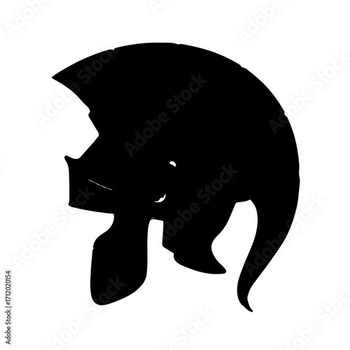 Minimalist black silhouette of a classical gladiator helmet on a white background. Symbolic icon representing ancient warriors, Roman legions, and power