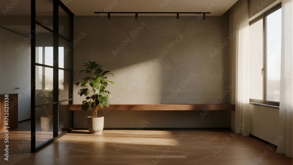 Obraz premium Modern minimalist room with wooden floor and large window