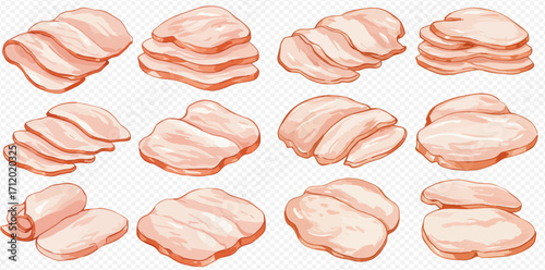 A collection of illustrated raw meat cuts, including sliced, stacked, and whole fillets, on a transparent background.