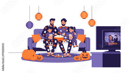 Cozy Halloween Family Movie Night: A heartwarming illustration shows a family snuggled on a couch, engrossed in a festive movie on a television screen. Surrounded by pumpkins, decorations, and snacks.