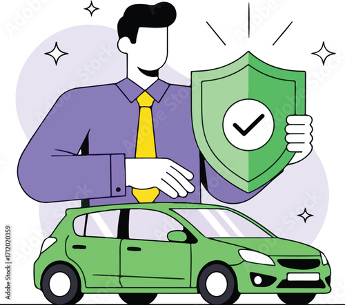 Man holding shield protecting car, symbolizing vehicle insurance isolated on white background