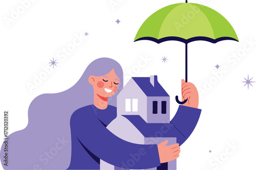 Woman holding house under umbrella, symbolizing home insurance isolated on white background