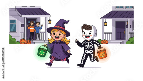 Halloween revelry: Animated children joyfully embark on a trick-or-treat adventure, with one in a witch costume and another in a skeleton outfit.