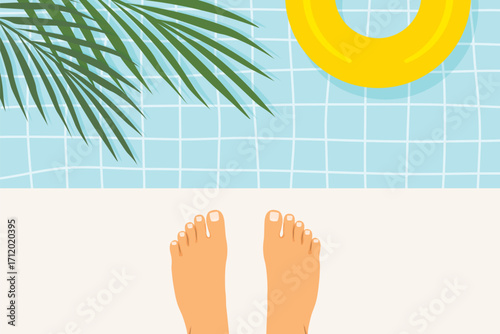 bare feet on swimming pool deck; perfect visual for travel promotions, vacation deals, summer-themed marketing materials- vector illustration