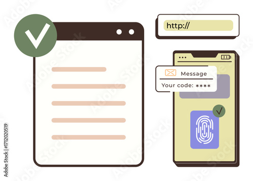 Web browser window, phone SMS code, fingerprint scanning with green checkmarks. Ideal for cybersecurity, authentication, data protection, online transactions, trust, user experience simple flat