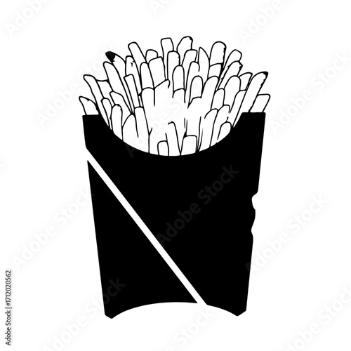 Minimalist black and white vector icon of potato french fries in a carton, a simple graphic for fast food menus or junk food concepts