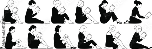 Reading illustrations, seated figures, book lovers, diverse postures, black and white, educational icons, relaxed pose, literary theme, quiet moment, study design