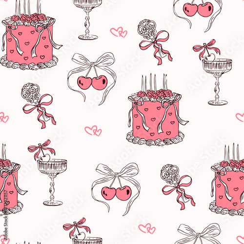 Hand drawn whimsical coquette seamless pattern. Vintage background with bow, cherry, martini, and cake for wedding invitation, valentine day. Vector romantic wallpaper, wrapping paper, textile