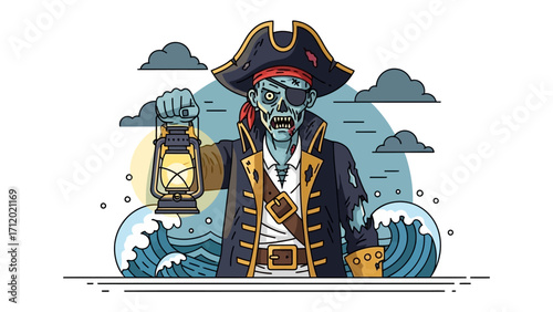 Zombie Pirate with lantern: An eye-patched zombie pirate holds a lantern aloft, standing against a backdrop of stylized waves and cloudy sky, evoking a mysterious and adventurous vibe.