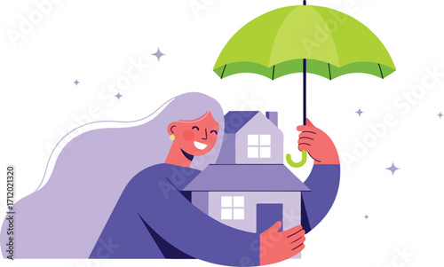 Woman protects house with umbrella, ensuring safety and security isolated on white background