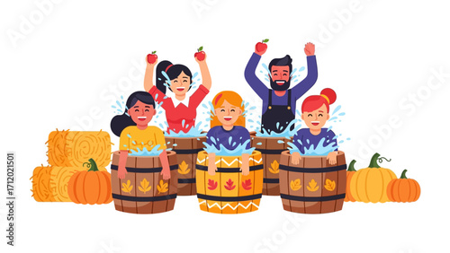 Fun in the Tub: Captivating cartoon showcasing joyful individuals indulging in a spirited tub-water game with pumpkin decoration and water splashing.
