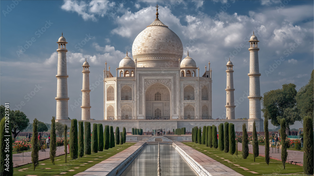 Fototapeta premium A majestic palace-mosque, with domes, towers, and marble, rises. Visitors stroll through the gardens next to… A reflection glitters in the water lifestyle