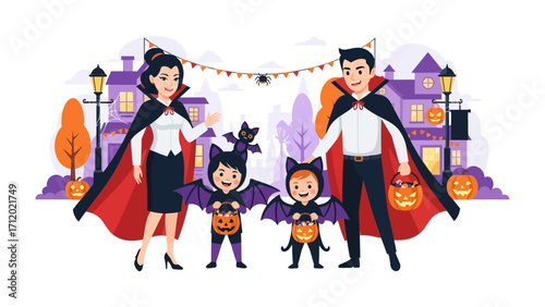 Spooky Family Halloween Celebration: A cheerful family dressed as vampires and bats stand joyfully in front of a festive Halloween display. It's time to enjoy Halloween party