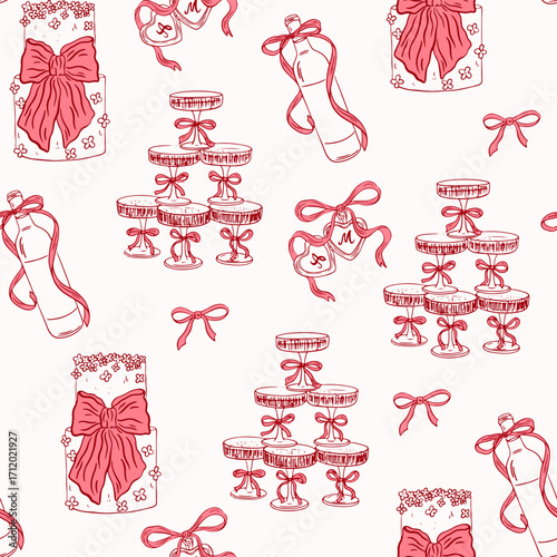 Hand drawn whimsical coquette seamless pattern. Vintage background with bow, champagne, locket, and cake for wedding invitation, valentine day. Vector romantic wallpaper, wrapping paper, textile